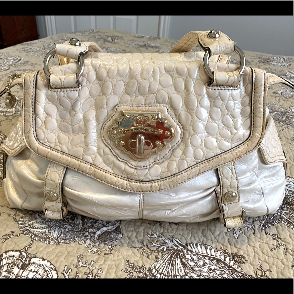 Vintage Kathy Van Zeeland Handbag Vinyl Cream Beige Gold Pockets Galore
